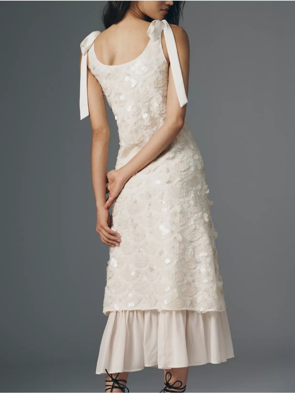 En Saison Emryn Sequin Ivory Midi Dress with Ruffle Hem and Bow Shoulder Ties - Picture 5 of 8